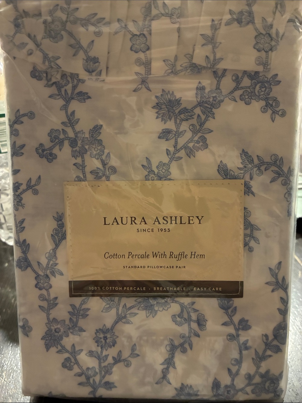 Laura Ashley White Pillowcase Pair with Blue Floral Vine